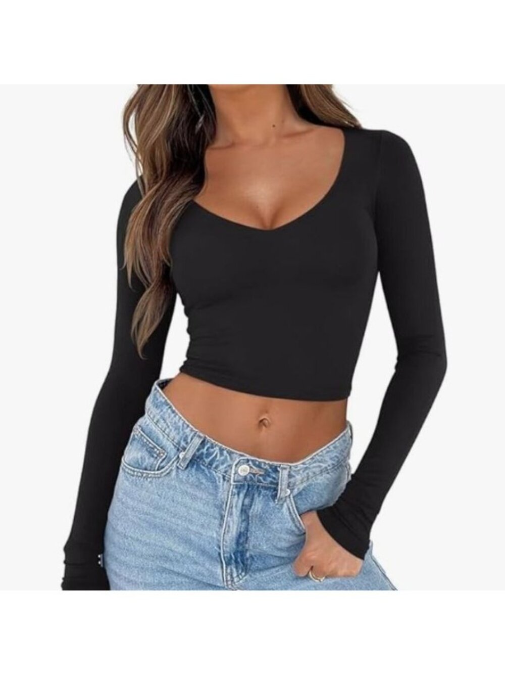 Reoria Long Sleeve Cropped Top Shirt Womens Medium Black New WOT